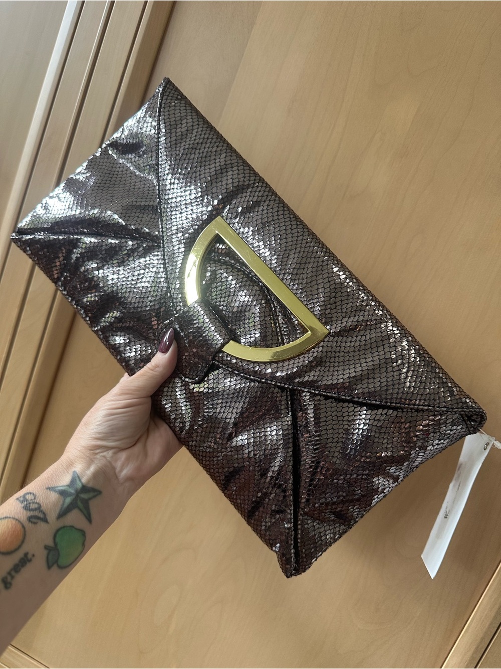 New! Big Buddha Santa Barbara Envelope Metallic Faux-Snakeskin Clutch NWT